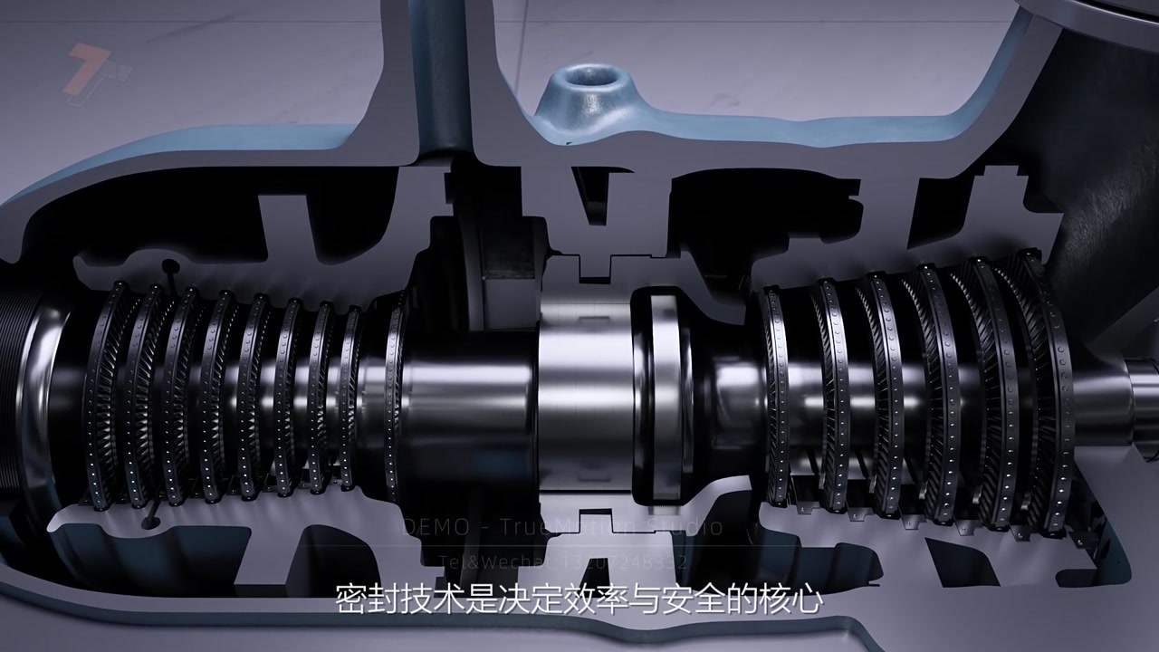双齿扰流汽封动画中的汽轮机剖切画面